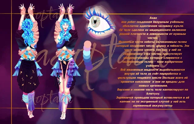 Character reference sheet showing a blue-haired figure from the front and the back, an eye study and a block of descriptive text