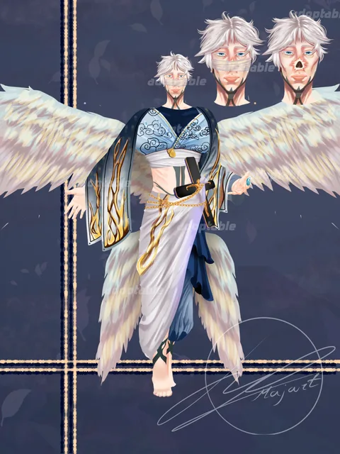 Full-body digital painting of a white-haired winged character in a patterned kimono, with three facial expression studies above