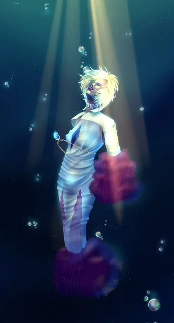Full-body illustration of a blonde figure in a white dress sinking underwater beside glowing pink jellyfish