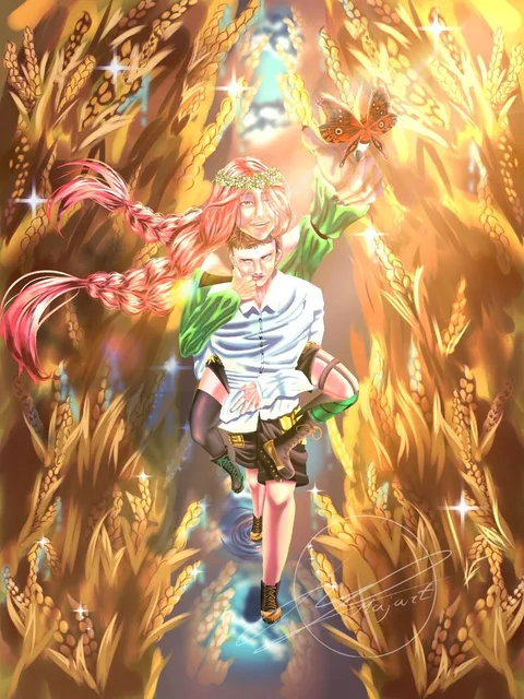 Full-body illustration of two characters in a golden wheat field, one carrying the other on their shoulders as a butterfly flies past