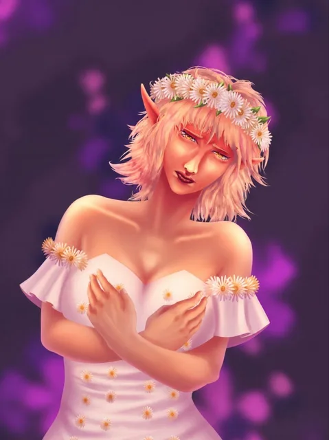 Half-body portrait of a pink-haired elf in a white off-shoulder dress wearing a crown of daisies