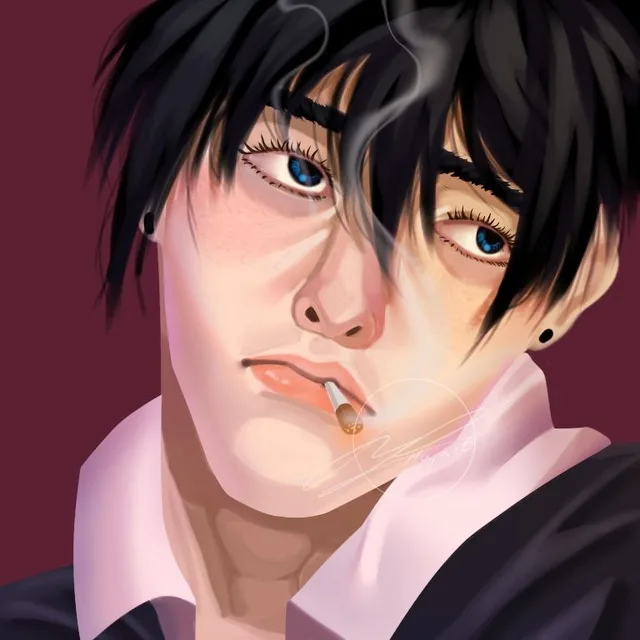Digital headshot portrait of a dark-haired character with blue eyes smoking, on a deep wine background