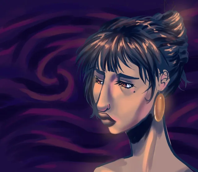Headshot portrait of a short-haired character with a large gold hoop earring against a swirling purple background